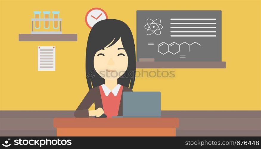 An asian young student sitting at the table and working on laptop. Woman working on a laptop on the background of chemistry class . Vector flat design illustration. Horizontal layout.. Student working on laptop vector illustration.