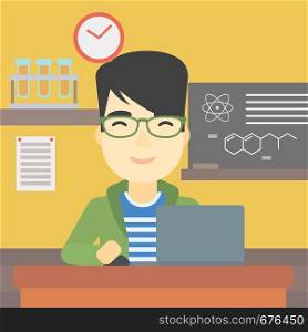 An asian young student sitting at the table and working on laptop. Man working on a laptop on the background of chemistry class . Vector flat design illustration. Square layout.. Student working on laptop vector illustration.