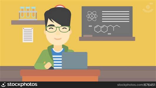 An asian young student sitting at the table and working on laptop. Man working on a laptop on the background of chemistry class . Vector flat design illustration. Horizontal layout.. Student working on laptop vector illustration.