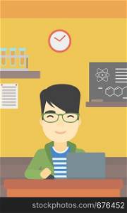 An asian young student sitting at the table and working on laptop. Man working on a laptop on the background of chemistry class . Vector flat design illustration. Vertical layout.. Student working on laptop vector illustration.