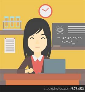 An asian young student sitting at the table and working on laptop. Woman working on a laptop on the background of chemistry class . Vector flat design illustration. Square layout.. Student working on laptop vector illustration.