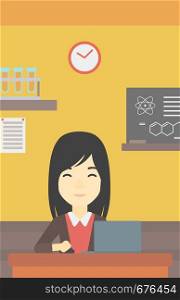 An asian young student sitting at the table and working on laptop. Woman working on a laptop on the background of chemistry class . Vector flat design illustration. Vertical layout.. Student working on laptop vector illustration.