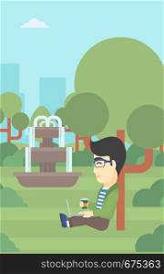 An asian young student with cup of coffee sitting in the park and using laptop. Student working on laptop outdoor. Student with laptop in park. Vector flat design illustration. Vertical layout.. Student using laptop for education.
