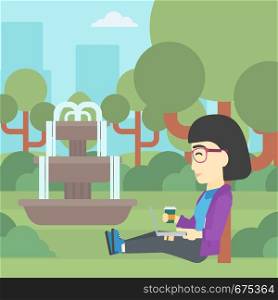 An asian young student with cup of coffee sitting in the park and using laptop. Student working on laptop outdoor. Student with laptop in park. Vector flat design illustration. Square layout.. Student using laptop for education.