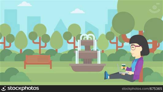 An asian young student with cup of coffee sitting in the park and using laptop. Student working on laptop outdoor. Student with laptop in park. Vector flat design illustration. Horizontal layout.. Student using laptop for education.
