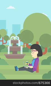 An asian young student with cup of coffee sitting in the park and using laptop. Student working on laptop outdoor. Student with laptop in park. Vector flat design illustration. Vertical layout.. Student using laptop for education.