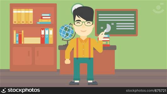An asian young teacher standing in classroom. Teacher standing in front of the blackboard with a piece of chalk in hand. Vector flat design illustration. Horizontal layout.. Teacher in front of blackboard with chalk in hand.