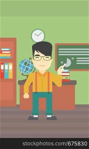 An asian young teacher standing in classroom. Teacher standing in front of the blackboard with a piece of chalk in hand. Vector flat design illustration. Vertical layout.. Teacher in front of blackboard with chalk in hand.