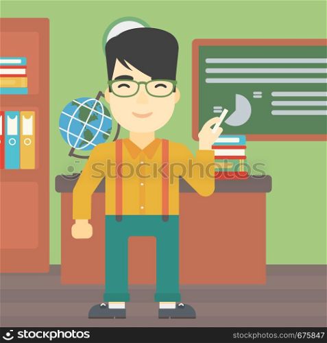An asian young teacher standing in classroom. Teacher standing in front of the blackboard with a piece of chalk in hand. Vector flat design illustration. Square layout.. Teacher in front of blackboard with chalk in hand.