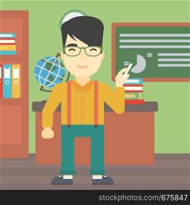 An asian young teacher standing in classroom. Teacher standing in front of the blackboard with a piece of chalk in hand. Vector flat design illustration. Square layout.. Teacher in front of blackboard with chalk in hand.