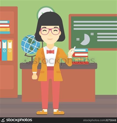 An asian young teacher standing in classroom. Teacher standing in front of the blackboard. Teacher with a piece of chalk in her hand. Vector flat design illustration. Square layout.. Teacher in front of blackboard with chalk in hand.