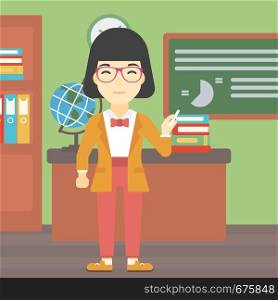 An asian young teacher standing in classroom. Teacher standing in front of the blackboard. Teacher with a piece of chalk in her hand. Vector flat design illustration. Square layout.. Teacher in front of blackboard with chalk in hand.