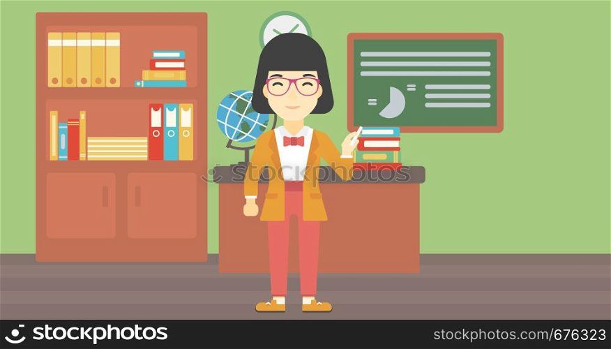 An asian young teacher standing in classroom. Teacher standing in front of the blackboard. Teacher with a piece of chalk in her hand. Vector flat design illustration. Horizontal layout.. Teacher in front of blackboard with chalk in hand.
