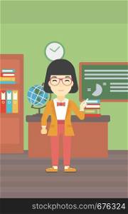 An asian young teacher standing in classroom. Teacher standing in front of the blackboard. Teacher with a piece of chalk in her hand. Vector flat design illustration. Vertical layout.. Teacher in front of blackboard with chalk in hand.