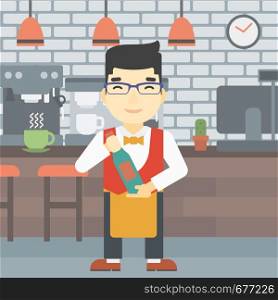 An asian young waiter holding a bottle in hands on the background of a cafe. Vector flat design illustration. Square layout.. Waiter holding bottle of wine vector illustration.