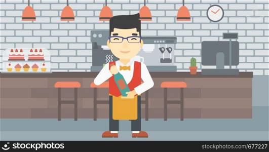 An asian young waiter holding a bottle in hands on the background of a cafe. Vector flat design illustration. Horizontal layout.. Waiter holding bottle of wine vector illustration.
