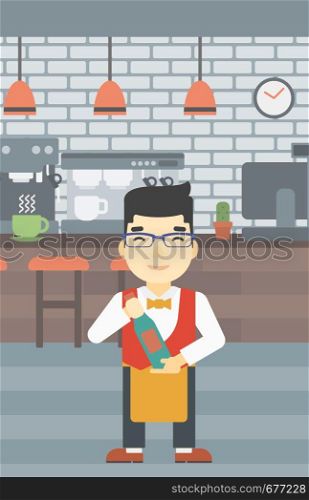 An asian young waiter holding a bottle in hands on the background of a cafe. Vector flat design illustration. Vertical layout.. Waiter holding bottle of wine vector illustration.