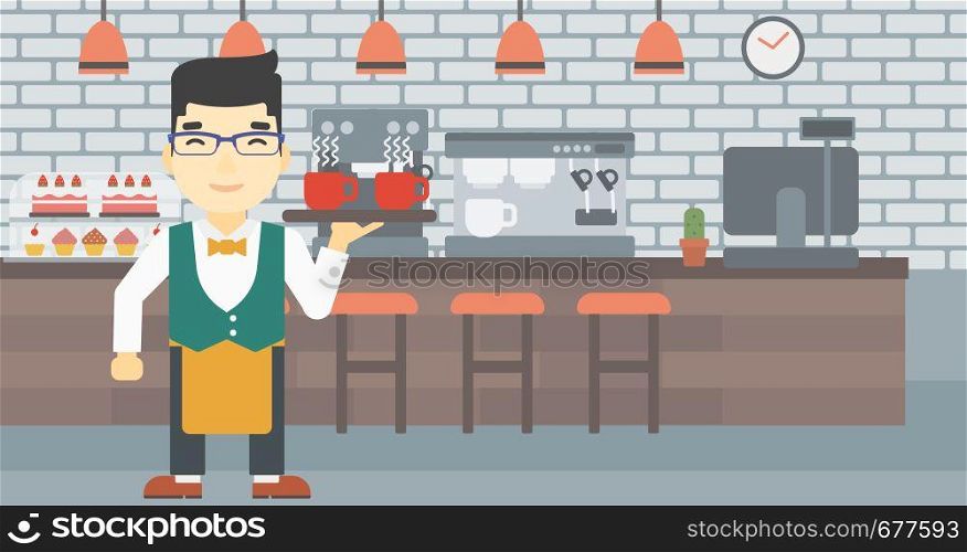 An asian young waiter holding a tray with cups of tea or coffee. Waiter with cups of coffee or tea at the bar. Vector flat design illustration. Horizontal layout.. Waiter holding tray with cups of coffeee or tea.
