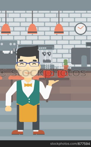 An asian young waiter holding a tray with cups of tea or coffee. Waiter with cups of coffee or tea at the bar. Vector flat design illustration. Vertical layout.. Waiter holding tray with cups of coffeee or tea.