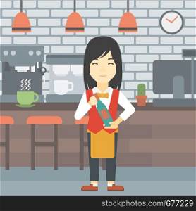 An asian young waitress holding a bottle in hands on the background of a cafe. Vector flat design illustration. Square layout.. Waitress holding bottle of wine.