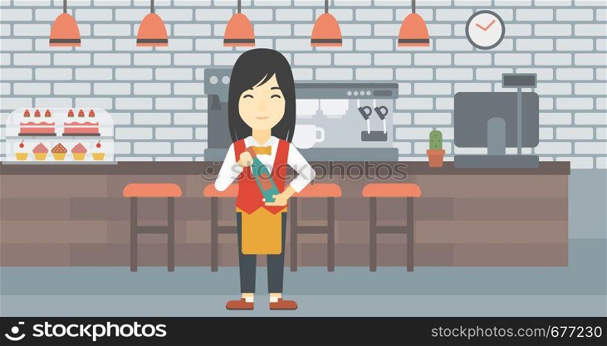 An asian young waitress holding a bottle in hands on the background of a cafe. Vector flat design illustration. Horizontal layout.. Waitress holding bottle of wine.