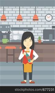 An asian young waitress holding a bottle in hands on the background of a cafe. Vector flat design illustration. Vertical layout.. Waitress holding bottle of wine.