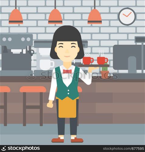 An asian young waitress holding a tray with cups of tea or coffee. Waiter with cups of coffee or tea at the bar. Vector flat design illustration. Square layout.. Waitress holding tray with cups of coffeee or tea.