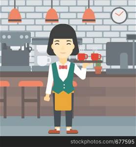 An asian young waitress holding a tray with cups of tea or coffee. Waiter with cups of coffee or tea at the bar. Vector flat design illustration. Square layout.. Waitress holding tray with cups of coffeee or tea.