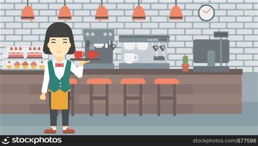 An asian young waitress holding a tray with cups of tea or coffee. Waiter with cups of coffee or tea at the bar. Vector flat design illustration. Horizontal layout.. Waitress holding tray with cups of coffeee or tea.