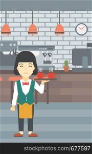An asian young waitress holding a tray with cups of tea or coffee. Waiter with cups of coffee or tea at the bar. Vector flat design illustration. Vertical layout.. Waitress holding tray with cups of coffeee or tea.