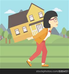An asian young woman carrying a big house on her back on the background of mountains. Vector flat design illustration. Square layout.. Woman carrying house vector illustration.
