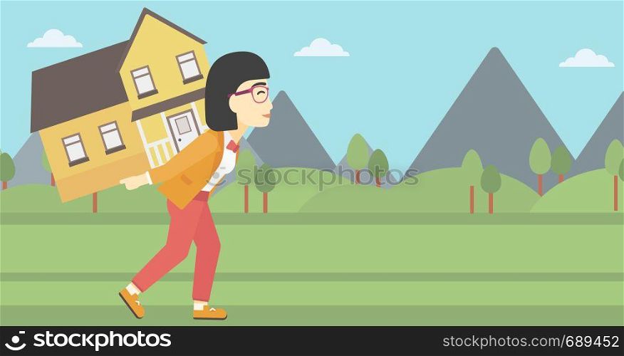 An asian young woman carrying a big house on her back on the background of mountains. Vector flat design illustration. Horizontal layout.. Woman carrying house vector illustration.