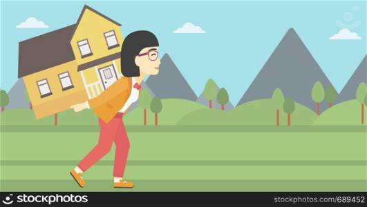An asian young woman carrying a big house on her back on the background of mountains. Vector flat design illustration. Horizontal layout.. Woman carrying house vector illustration.