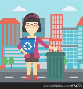 An asian young woman carrying recycling bin. Woman with recycling bin standing near a trash can on a city background. Vector flat design illustration. Square layout.. Woman with recycle bin and trash can.