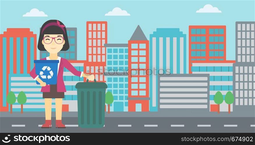 An asian young woman carrying recycling bin. Woman with recycling bin standing near a trash can on a city background. Vector flat design illustration. Horizontal layout.. Woman with recycle bin and trash can.