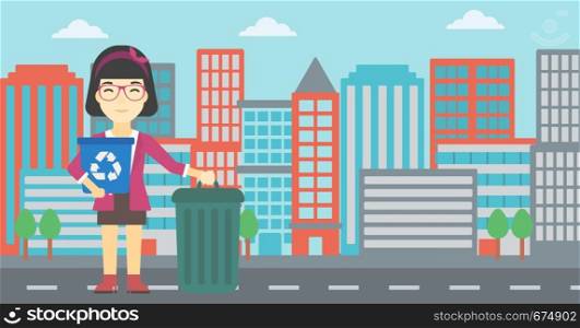 An asian young woman carrying recycling bin. Woman with recycling bin standing near a trash can on a city background. Vector flat design illustration. Horizontal layout.. Woman with recycle bin and trash can.