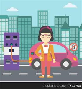 An asian young woman charging electric car at charging station in the city. Woman standing near power supply for electric car charging. Vector flat design illustration. Square layout.. Charging of electric car vector illustration.