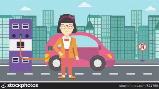 An asian young woman charging electric car at charging station in the city. Woman standing near power supply for electric car charging. Vector flat design illustration. Horizontal layout.. Charging of electric car vector illustration.