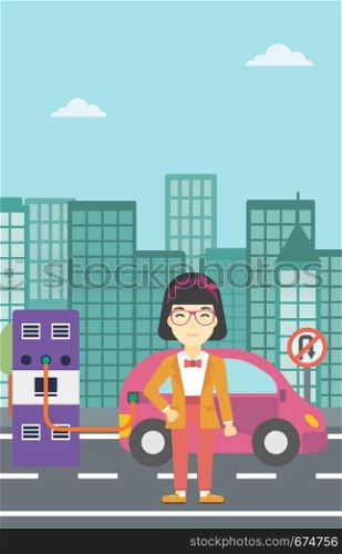 An asian young woman charging electric car at charging station in the city. Woman standing near power supply for electric car charging. Vector flat design illustration. Vertical layout.. Charging of electric car vector illustration.
