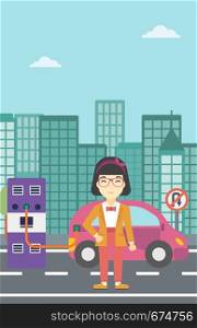 An asian young woman charging electric car at charging station in the city. Woman standing near power supply for electric car charging. Vector flat design illustration. Vertical layout.. Charging of electric car vector illustration.
