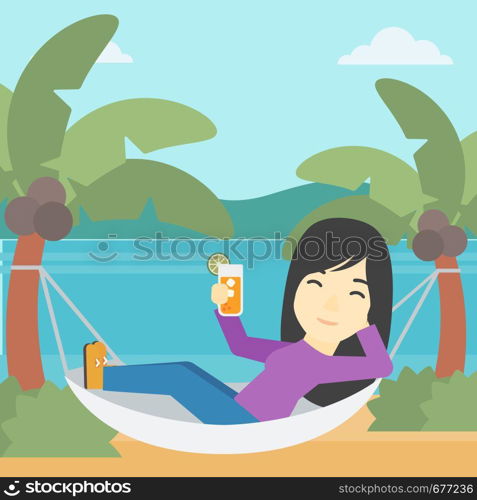 An asian young woman chilling in hammock on the beach with a cocktail in a hand vector flat design illustration. Square layout.. Woman chilling in hammock.