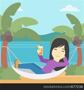 An asian young woman chilling in hammock on the beach with a cocktail in a hand vector flat design illustration. Square layout.. Woman chilling in hammock.
