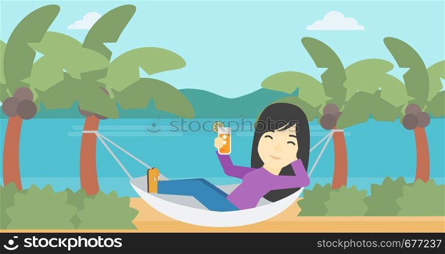 An asian young woman chilling in hammock on the beach with a cocktail in a hand vector flat design illustration. Horizontal layout.. Woman chilling in hammock.
