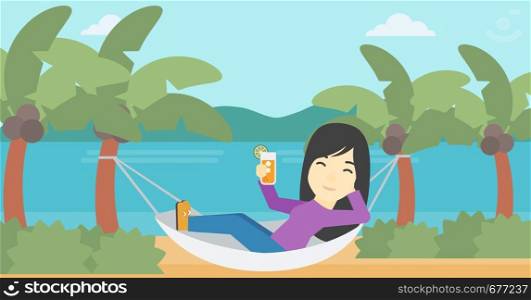 An asian young woman chilling in hammock on the beach with a cocktail in a hand vector flat design illustration. Horizontal layout.. Woman chilling in hammock.