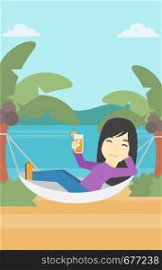 An asian young woman chilling in hammock on the beach with a cocktail in a hand vector flat design illustration. Vertical layout.. Woman chilling in hammock.