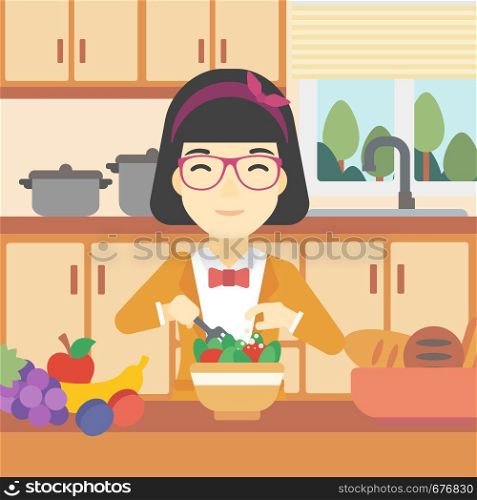An asian young woman cooking vegetable salad on the background of kitchen. Smiling woman adding spices in salad. Vector flat design illustration. Square layout.. Woman cooking vegetable salad vector illustration.