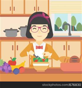 An asian young woman cooking vegetable salad on the background of kitchen. Smiling woman adding spices in salad. Vector flat design illustration. Square layout.. Woman cooking vegetable salad vector illustration.