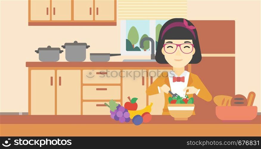 An asian young woman cooking vegetable salad on the background of kitchen. Smiling woman adding spices in salad. Vector flat design illustration. Horizontal layout.. Woman cooking vegetable salad vector illustration.