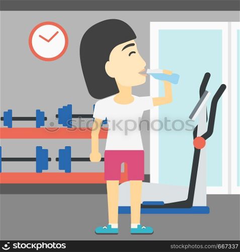 An asian young woman drinking water. Sportive woman with bottle of water in the gym. Young sports woman drinking water from the bottle. Vector flat design illustration. Square layout.. Sportive woman drinking water vector illustration.