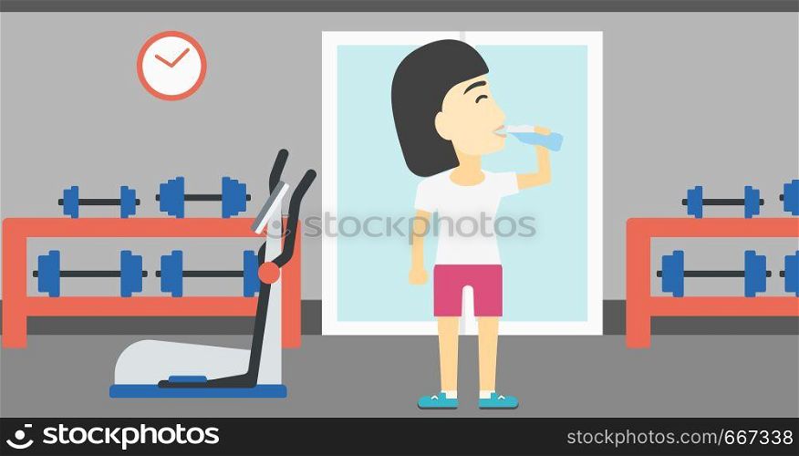 An asian young woman drinking water. Sportive woman with bottle of water in the gym. Young sports woman drinking water from the bottle. Vector flat design illustration. Horizontal layout. Sportive woman drinking water vector illustration.